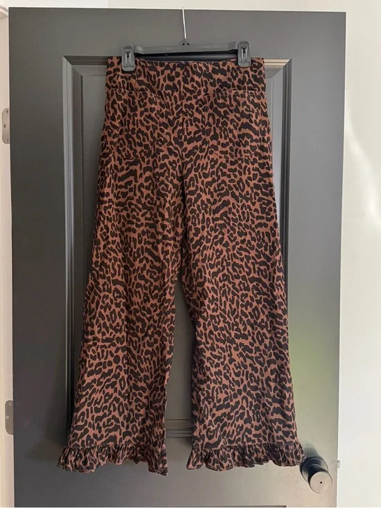 Anthropologie Maeve Colette - Leopard Wide-Leg Ruffle Hem Pants - Brown/Black - Picture 1 of 5